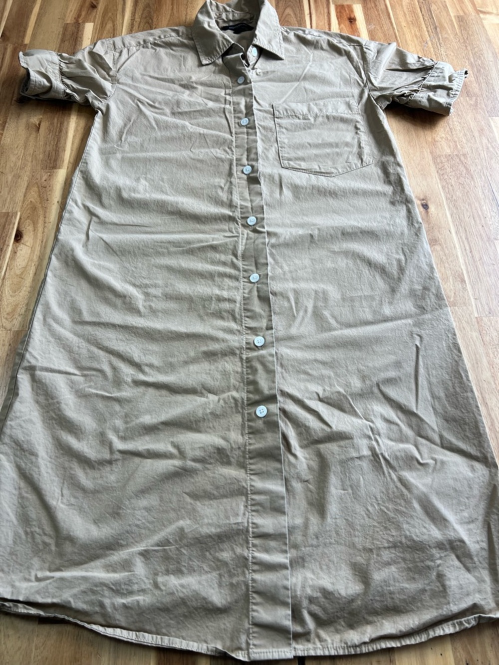 Banana Republic Tan Button Front Shirt Dress XS Puff Sleeve Midi
